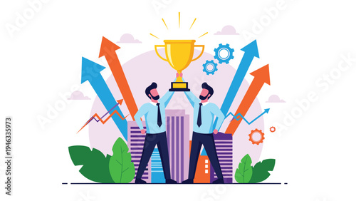 Business partnership and joint success celebrated by two professional men holding a trophy in front of city skyscrapers and rising growth arrows.