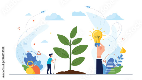 Business nurturing and innovation growth concept with small figure tending to a plant while a hand holds a glowing light bulb idea over it.