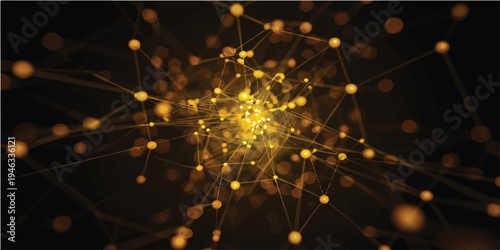 An abstract fiber optics background features a shiny blue pattern of glowing light spots and technology-inspired fractal stars creating a bright energy explosion design