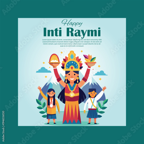 Happy inti raymi celebration with a central deity figure and two children in traditional attire amidst a mountain landscape