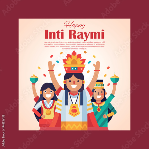 A vibrant illustration celebrating the happy inti raymi festival, featuring three joyful people in traditional attire with raised arms and confetti