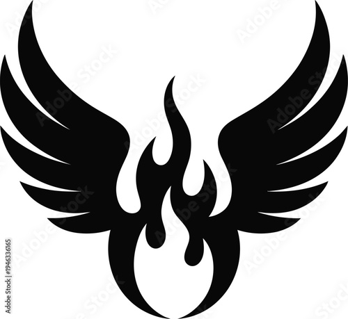 Black silhouette of a phoenix rising from flames with wings spread wide on white background