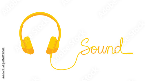 Audio entertainment and music listening concept with yellow headphones and a cable forming the handwritten word sound on white background.