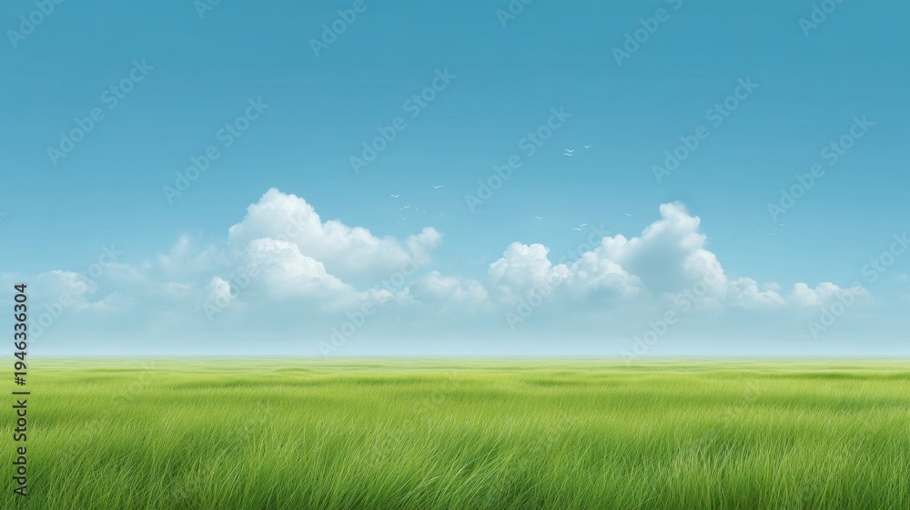 Obraz premium Expansive Green Grass Field Under Bright Blue Sky with Fluffy White Clouds in a Serene Natural Landscape Scene