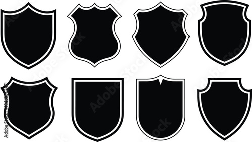 Shield silhouette vector icon set, black security badges and heraldic crest shapes for protective emblem logo design