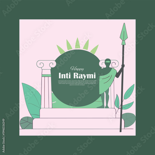A vibrant vector illustration celebrating inti raymi, featuring ancient architectural elements, a guardian figure, and a radiant sun