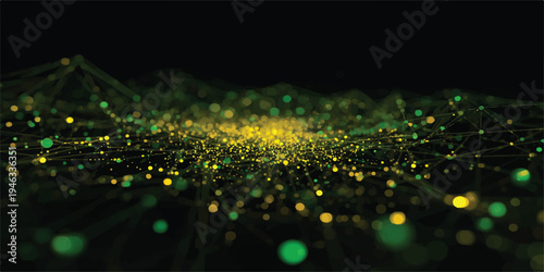 Shiny 3d fiber optics background design with glowing blue and green light particles, featuring a bright bokeh pattern of sparkles and motion blur against a dark space night illustration
