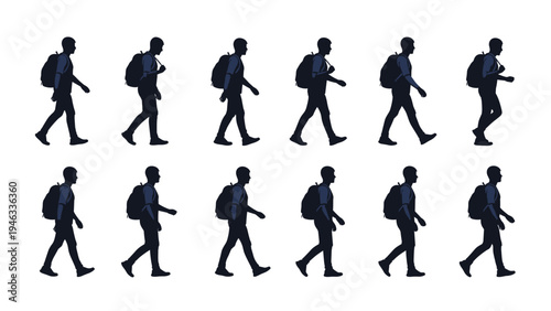Walking animation sequence of a man wearing a backpack shown in multiple side profile silhouettes for movement study on a white background.