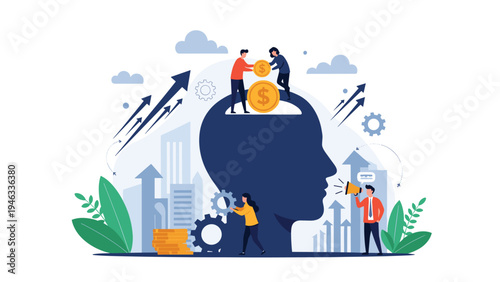 Human mind investment and mental health growth concept showing tiny people working inside a large head silhouette with gears and money coins.