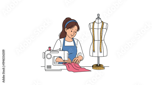 Professional tailor woman working on a sewing machine in a fashion studio with a dressmaking mannequin and fabric on a plain white background.