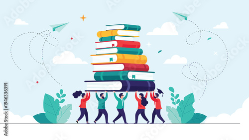 Knowledge sharing and collaborative education concept with a group of diverse people lifting a massive pile of books on a blue background.