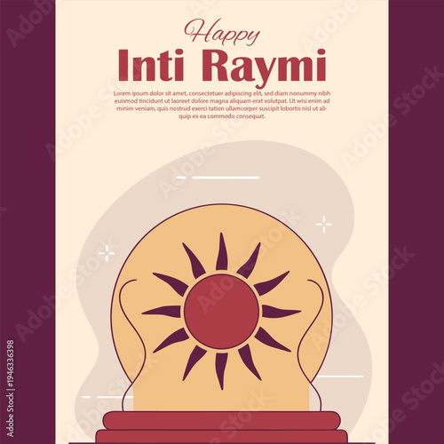 Happy inti raymi festival greeting with a stylized sun symbol on a light background, celebrating the winter solstice