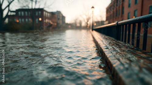 Wallpaper Mural A serene urban canal scene at dusk, with rippling water, blurred buildings, and a railing leading into the distance, creating a calm and reflective mood. Torontodigital.ca