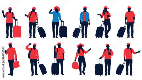 Traveler silhouettes collection featuring various figures in different poses with suitcases and luggage in red and blue colors on white.