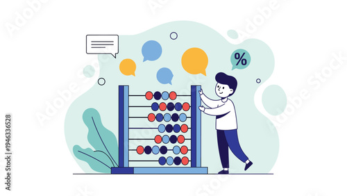 Young boy learning mathematics by using a traditional colorful abacus for calculation and mental arithmetic development.
