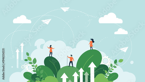 Business growth concept showing tiny people standing on large green leaves reaching for clouds and paper planes in the sky.