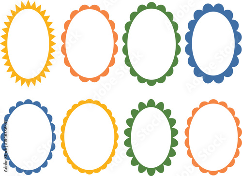 Colorful oval scallop frame vector set, decorative wavy border labels for product packaging and creative craft design