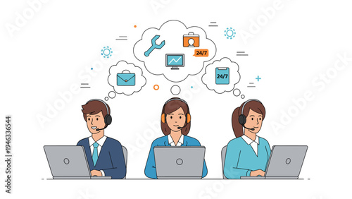 Diverse call center agents working on laptops with speech bubbles representing various customer support and technical services.