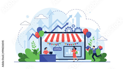 E-commerce business concept with a laptop screen transformed into a physical store front with shopping people and growth charts.