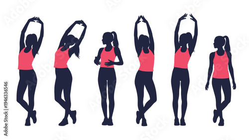 Silhouettes of a young woman in different activewear outfits performing various stretching and fitness exercises in a sequence.
