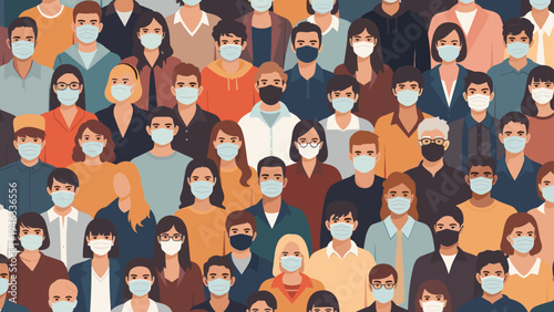 Large crowd of diverse people from various backgrounds all wearing protective face masks to ensure public health safety.