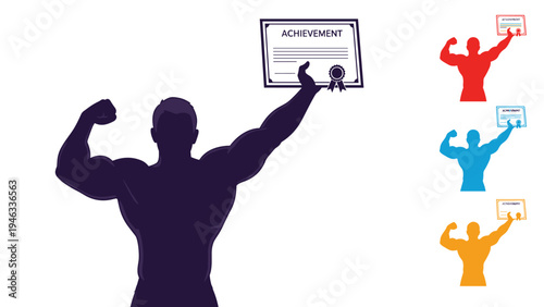 Strong silhouette of a muscular man proudly raising a certificate of achievement above his head to celebrate his success.
