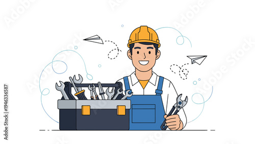 Cheerful professional handyman wearing a hard hat and overalls standing next to a toolbox filled with various repair tools.