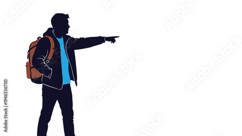 Dark silhouette of a male traveler wearing a jacket and backpack pointing his finger towards a distant goal against a white background.