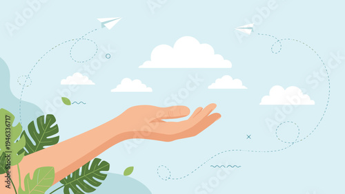 Human hand held open with soft white clouds and paper planes floating above it against a light blue background with green leaves.