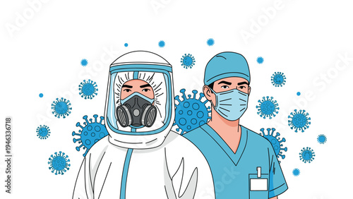 Two medical healthcare professionals in protective gear and hazmat suits standing against a background of floating virus particles.