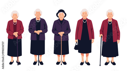 Collection of elderly women characters standing in a row wearing elegant coats and using walking sticks for support.