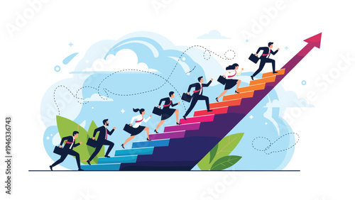 Business professionals running up a colorful staircase that curves upwards into a large red arrow symbolizing corporate success.