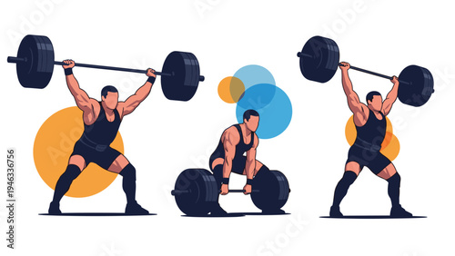 Strong weightlifter performing an Olympic style snatch lift in three distinct stages of the movement against abstract circles.