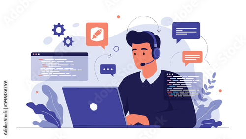 IT support specialist or developer working on a laptop with coding windows, speech bubbles, and gears floating around him.