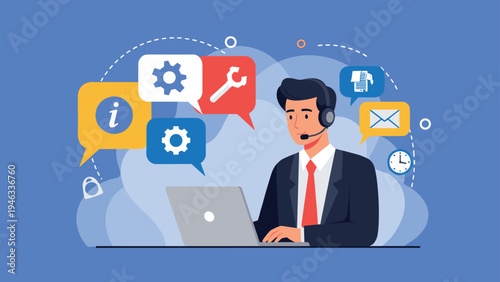 Professional customer service representative wearing a headset and working at a laptop with icons for information and tools.