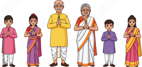 Happy Indian family including grandparents and children wearing traditional ethnic clothing like saree and kurta standing in namaste pose greeting vector cartoon illustration.