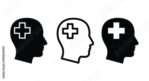 Three human heads with medical crosses inside a striking silhouette