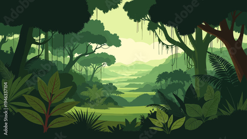 Lush jungle landscape with dense foliage and distant rolling hills under a bright sky, evoking a sense of serene wilderness