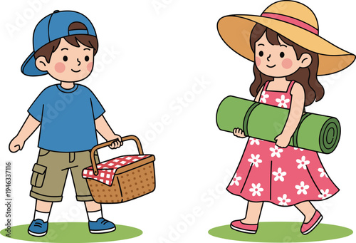 Cute cartoon vector illustration of a young boy carrying a picnic basket and a girl holding a yoga mat for summer outdoor leisure design