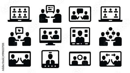 Set of black and white icons depicting people video conferencing on laptops and desktops in various meeting settings