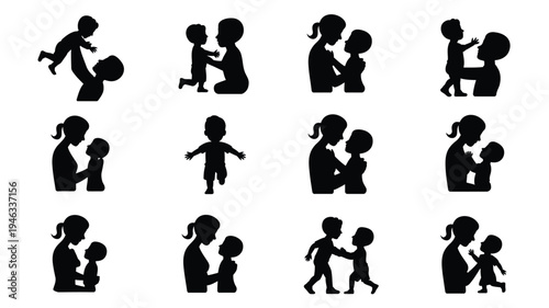 Black silhouettes of mother and child 12 icon set parenting and family illustrations love and care