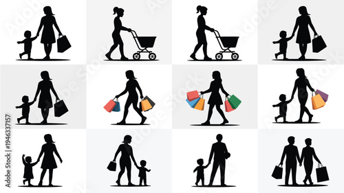 Silhouette of mother and child walking with shopping bags and cart on white background