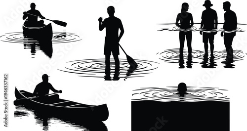Set of black vector silhouettes featuring people canoeing rowing and standing in water with ripples for summer lake vacation and outdoor water sports design