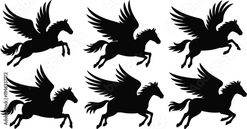 Pegasus flying horse silhouette vector icon set, black mythical winged stallion for fantasy and Greek mythology design