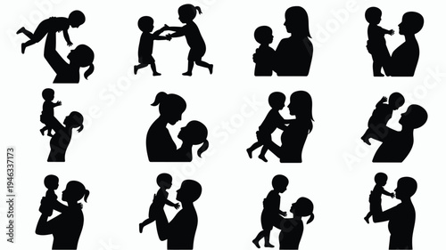 Vector illustration of black silhouettes showing a mother and child in various tender and playful poses on a white background