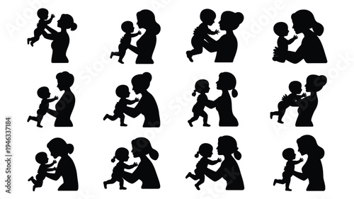 Collection of minimalist black silhouettes of mothers holding and playing with babies