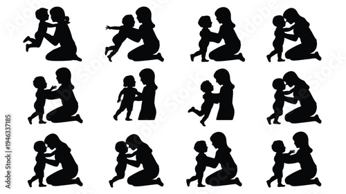 Vector illustration of mother and child silhouettes in various poses and emotions on white background
