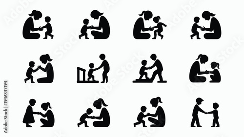 Vector illustrations of parents and children playing learning and bonding in various activities