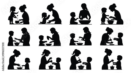 Silhouette of mother and child engaging in various household and creative activities together