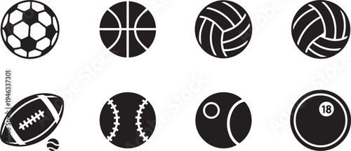 Black and white sports balls silhouette icons set vector illustration, including soccer, basketball, volleyball, and baseball.